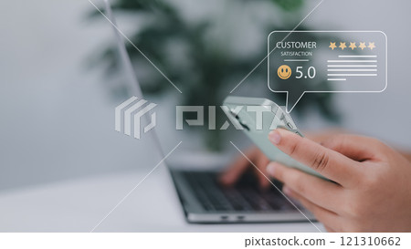 Satisfaction feedback review, Customer Satisfaction Survey concept, 5-star satisfaction, Service experience rating online application, customer evaluation product service quality, Good quality most. 121310662