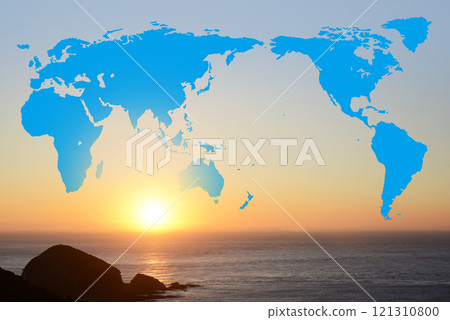 世界地圖複合在冉冉升起的太陽 121310800