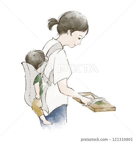 一名婦女背著嬰兒做飯 121310801