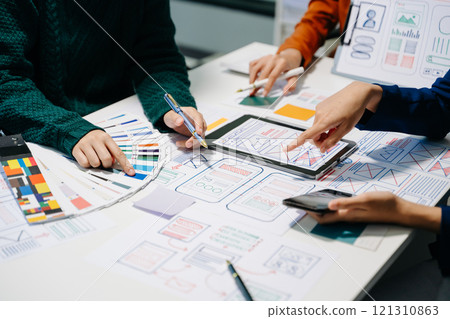 UX developer and ui designer brainstorming about mobile app interface wireframe design with customer breif 121310863