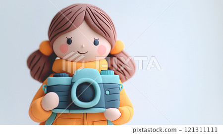 一個可愛的女人拿著黏土相機的 3D 插圖 121311111