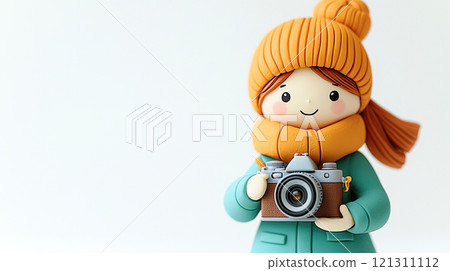 一個可愛的女人拿著黏土相機的 3D 插圖 121311112
