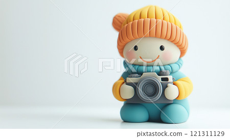 3D illustration of a cute boy holding a clay model camera 121311129