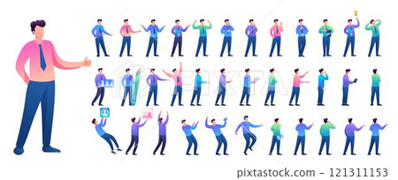 Set of Young Man. Presentation in various in various poses and actions. 2D Flat character vector illustration N6 121311153