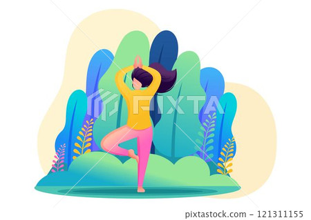 Girl does yoga in nature, in the Park, in the forest. Flat 2D Web design 121311155