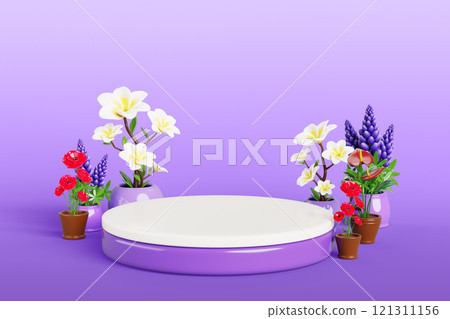 3d round podium with flower plants in pot for product presentation. Nature render beauty showcase with lupin, poppy and tropical plumeria tree on floor. Spring pedestal in purple room. 3D illustration 121311156