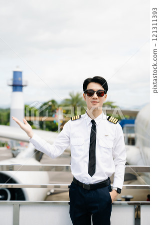 Asian Confident male pilot in uniform leaning at the passenger seat while standing inside of the airplane flight cockpit during takeoff and checking 121311393
