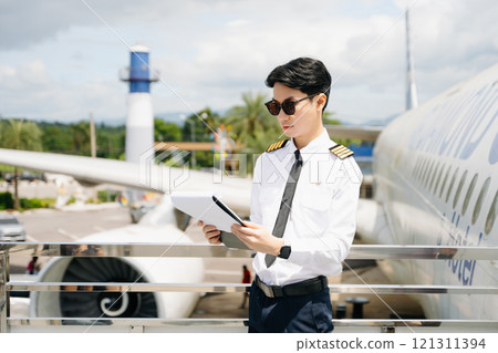 Asian Confident male pilot in uniform leaning at the passenger seat while standing inside of the airplane flight cockpit during takeoff and checking Asian Confident male pilot in uniform leaning at the passenger seat while standing inside of the airplane flight cockpit during takeoff and checking 121311394