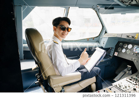 Asian Confident male pilot in uniform leaning at the passenger seat while standing inside of the airplane flight Asian Confident male pilot in uniform leaning at the passenger seat while standing inside of the airplane flight 121311396
