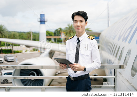 Asian Confident male pilot in uniform leaning at the passenger seat while standing inside of the airplane flight cockpit during takeoff and checking Asian Confident male pilot in uniform leaning at the passenger seat while standing inside of the airplane flight cockpit during takeoff and checking 121311414
