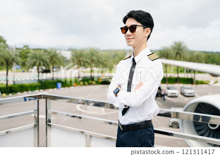 Asian Confident male pilot in uniform leaning at the passenger seat while standing inside of the airplane flight cockpit during takeoff and checking Asian Confident male pilot in uniform leaning at the passenger seat while standing inside of the airplane flight cockpit during takeoff and checking 121311417