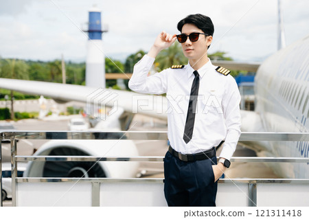 Asian Confident male pilot in uniform leaning at the passenger seat while standing inside of the airplane flight cockpit during takeoff and checking 121311418