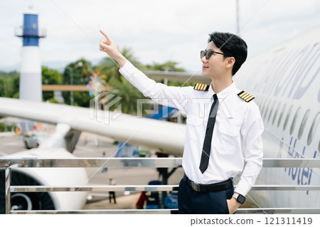 Asian Confident male pilot in uniform leaning at the passenger seat while standing inside of the airplane flight cockpit during takeoff and checking 121311419