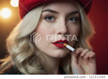 portrait of young blonde woman in red hat 121311493