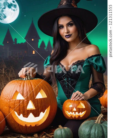 woman witch with pumpkin for halloween 121311555