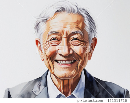 Watercolor style close-up of a smiling 80-year-old man 121311716