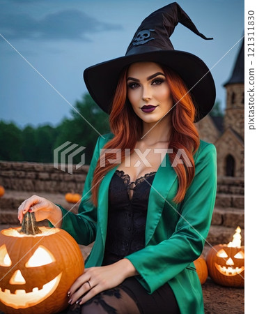 woman witch with pumpkin for halloween woman witch with pumpkin for halloween 121311830
