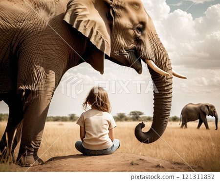 big elephant and girl child big elephant and girl child 121311832