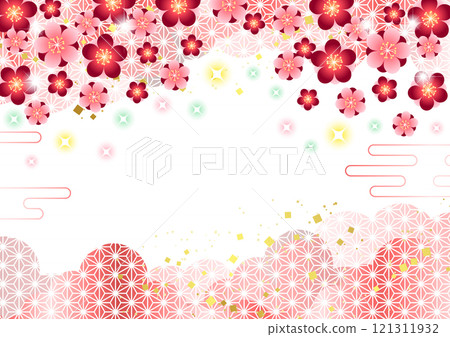 春天日本背景的紅梅花在麻葉圖案雲上,可愛,插圖,水平,粉紅色 春天日本背景的紅梅花在麻葉圖案雲上,可愛,插圖,水平,粉紅色 121311932