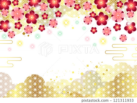 Spring background of red plum blossoms on hemp leaf pattern clouds, cute, illustration, horizontal, gold 121311933