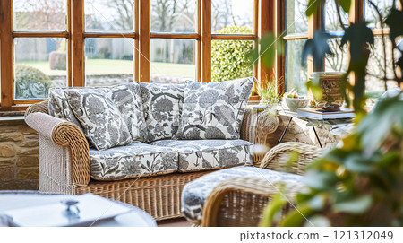 Colorful pillows on sofa against glass wall of window in a winter garden or conservatory. Interior textile concept. High quality photo 121312049