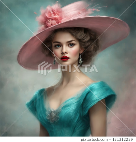 Elegant woman in vintage pink attire, charming portrait 121312259