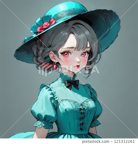 Elegant woman in vintage pink attire, charming portrait 121312261