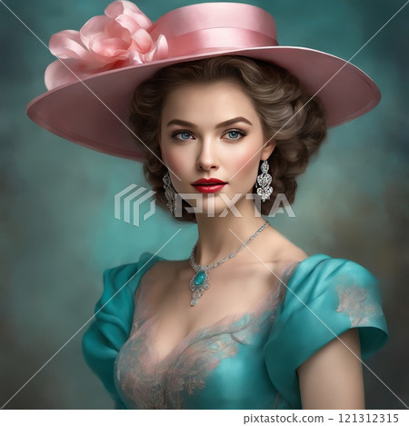 Elegant woman in vintage pink attire, charming portrait 121312315