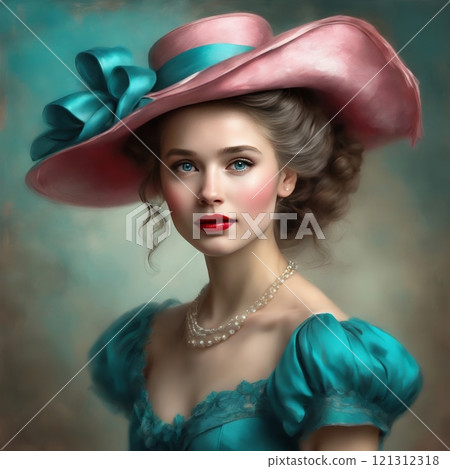 Elegant woman in vintage pink attire, charming portrait 121312318