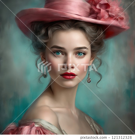 Elegant woman in vintage pink attire, charming portrait 121312328