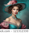 Elegant woman in vintage pink attire, charming portrait 121312330