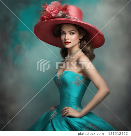 Elegant woman in vintage pink attire, charming portrait 121312332