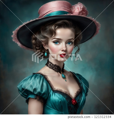 Elegant woman in vintage pink attire, charming portrait 121312334