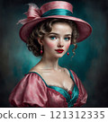 Elegant woman in vintage pink attire, charming portrait 121312335
