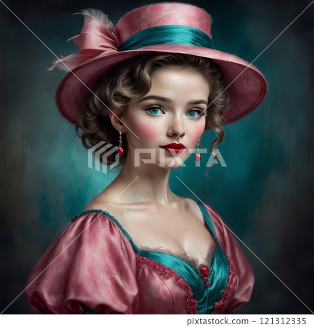 Elegant woman in vintage pink attire, charming portrait Elegant woman in vintage pink attire, charming portrait 121312335