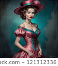 Elegant woman in vintage pink attire, charming portrait 121312336