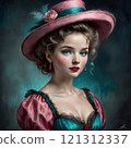 Elegant woman in vintage pink attire, charming portrait 121312337