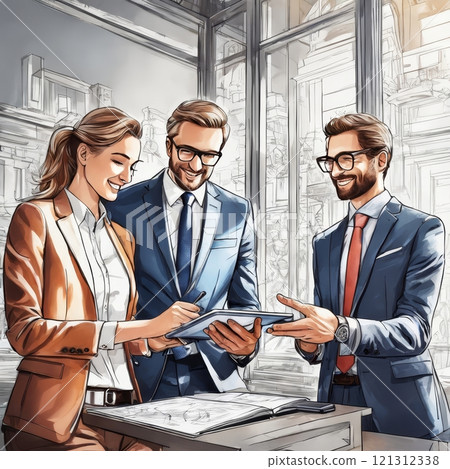 Business colleagues reviewing a tablet in office setting 121312338