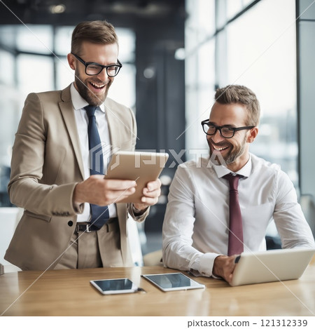 Business colleagues reviewing a tablet in office setting 121312339