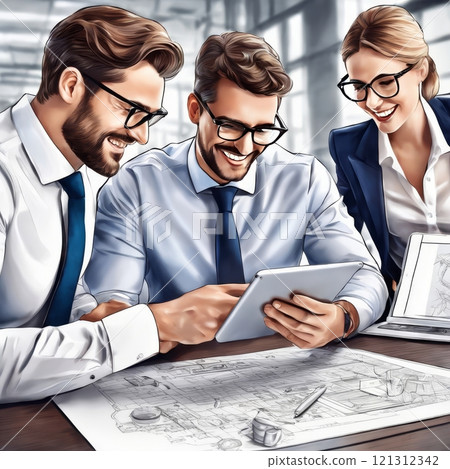 Business colleagues reviewing a tablet in office setting Business colleagues reviewing a tablet in office setting 121312342