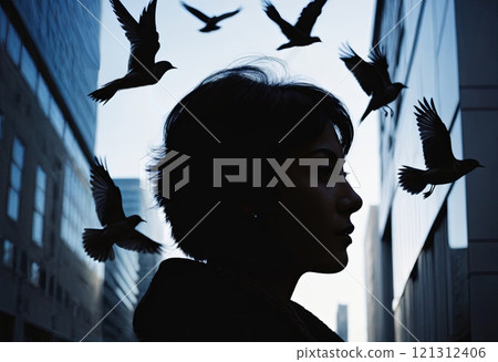 female silhouette against skyscrapers 121312406