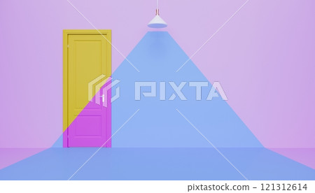 yellow door with pink wall and white pendant, empty space background yellow door with pink wall and white pendant, empty space background 121312614