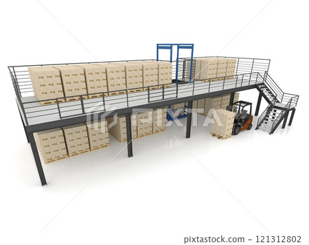 mezzanine warehouse with cardboard boxes on pallets and forklift , 3d rendering 121312802