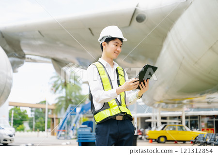Male aviation engineer in safety gear inspecting an airplane engine, embodying professionalism 121312854