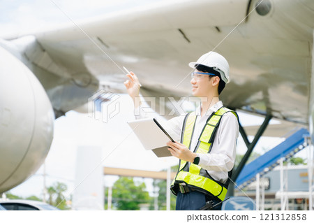 Male aviation engineer in safety gear inspecting an airplane engine, embodying professionalism 121312858