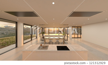 living dining room with large windows 121312929