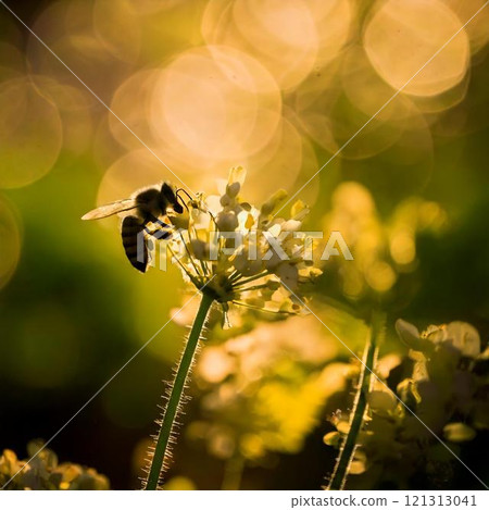 Silhouette of a bee resting on a rapeseed flower 121313041