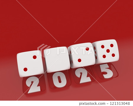 3d rendering of white dice on red background. 2025 Merry Christmas and Happy New Year concept. 3d rendering of white dice on red background. 2025 Merry Christmas and Happy New Year concept. 121313048