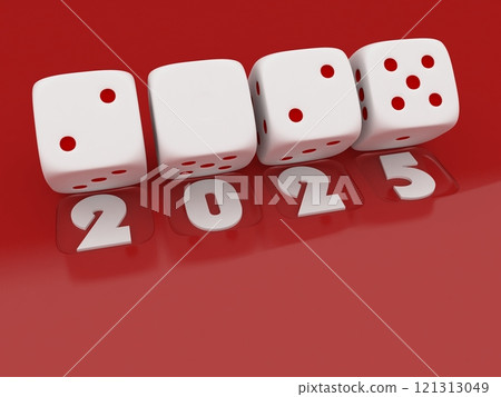 3d rendering of white dice on red background. 2025 Merry Christmas and Happy New Year concept. 3d rendering of white dice on red background. 2025 Merry Christmas and Happy New Year concept. 121313049