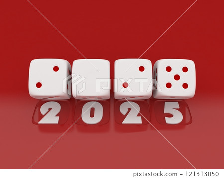3d rendering of white dice on red background. 2025 Merry Christmas and Happy New Year concept. 3d rendering of white dice on red background. 2025 Merry Christmas and Happy New Year concept. 121313050